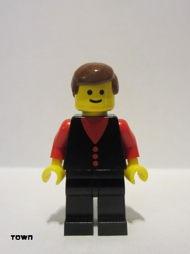 lego 1980 mini figurine but002 Citizen Shirt with 3 Buttons - Red, Red Arms, Black Legs, Brown Male Hair 
