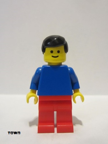 lego 1980 mini figurine pln059 Citizen Plain Blue Torso with Blue Arms, Red Legs, Black Male Hair 