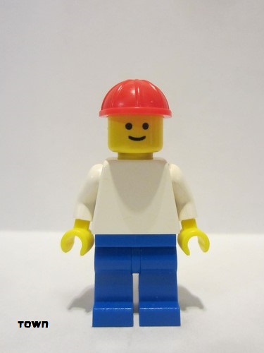 lego 1980 mini figurine pln154 Citizen Plain White Torso with White Arms, Blue Legs, Red Construction Helmet 