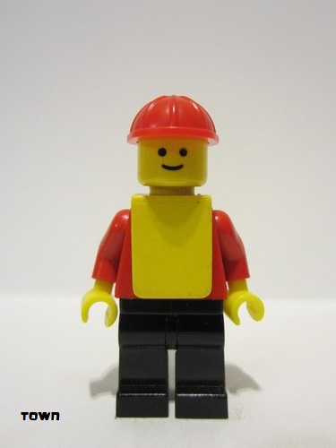 lego 1980 mini figurine pln190 Citizen Plain Red Torso with Red Arms, Black Legs, Red Construction Helmet, Yellow Vest 