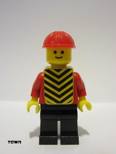 lego 1980 mini figurine pln190s Citizen Plain Red Torso with Red Arms, Black Legs, Red Construction Helmet, Yellow Chevron Vest 