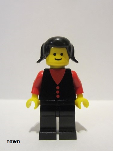 lego 1981 mini figurine but001 Citizen Shirt with 3 Buttons - Red, Red Arms, Black Legs, Black Pigtails Hair (Firewoman) 