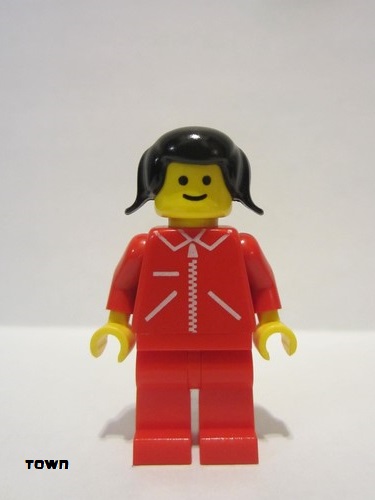 lego 1983 mini figurine jred017 Citizen Jacket Red with Zipper - Red Arms - Red Legs, Black Pigtails Hair 