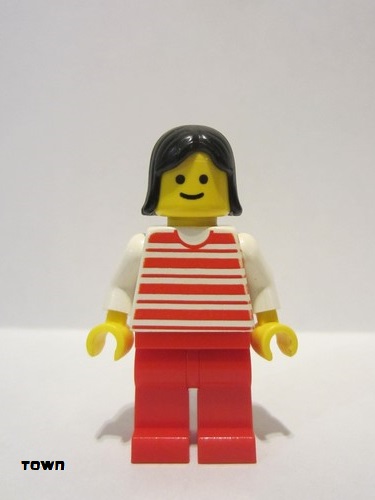 lego 1985 mini figurine hor029 Citizen Horizontal Lines Red - White Arms - Red Legs, Black Female Hair 