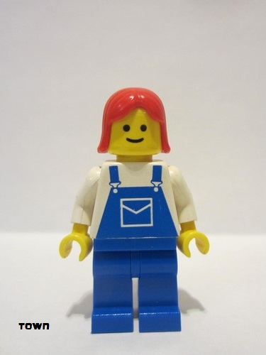 lego 1985 mini figurine ovr029 Citizen Overalls Blue with Pocket, Blue Legs, Red Female Hair 