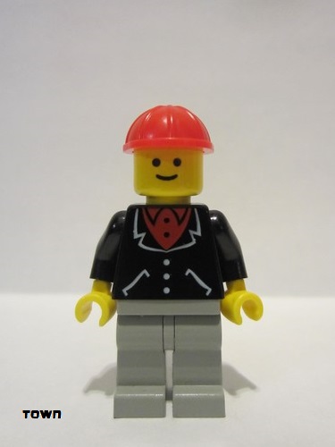 lego 1985 mini figurine trn135 Citizen Suit with 3 Buttons Black - Light Gray Legs, Red Construction Helmet 