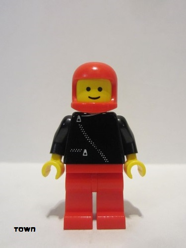 lego 1985 mini figurine zip041 Citizen Jacket with Zipper - Black, Red Legs, Red Classic Helmet 