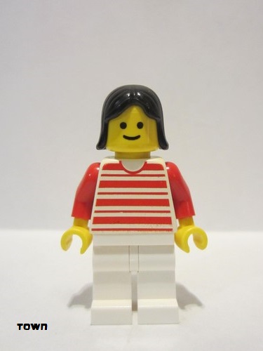 lego 1987 mini figurine trn011 Citizen Horizontal Lines Red - Red Arms - White Legs, Black Female Hair 