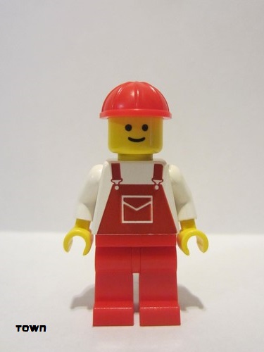 lego 1988 mini figurine ovr005 Citizen Overalls Red with Pocket, Red Legs, Red Construction Helmet 