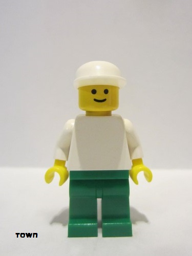 lego 1989 mini figurine pln111 Citizen Plain White Torso with White Arms, Green Legs, White Cap, Standard Grin 