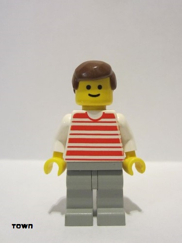 lego 1990 mini figurine hor019 Citizen Horizontal Lines Red - White Arms - Light Gray Legs, Brown Male Hair 