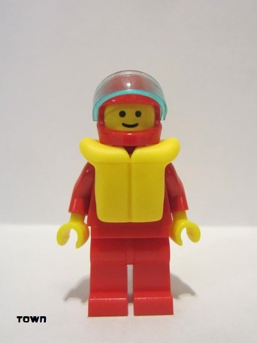 lego 1990 mini figurine pln031 Citizen Plain Red Torso with Red Arms, Red Legs, Red Helmet, Trans-Light Blue Visor, Life Jacket 