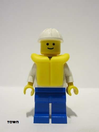 lego 1991 mini figurine boat006 Boat Worker Torso with Anchor, Blue Legs, White Construction Helmet, Life Jacket 