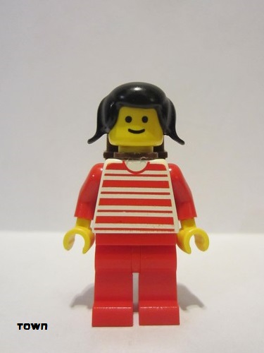 lego 1991 mini figurine trn009 Citizen Horizontal Lines Red - Red Arms - Red Legs, Black Pigtails Hair 