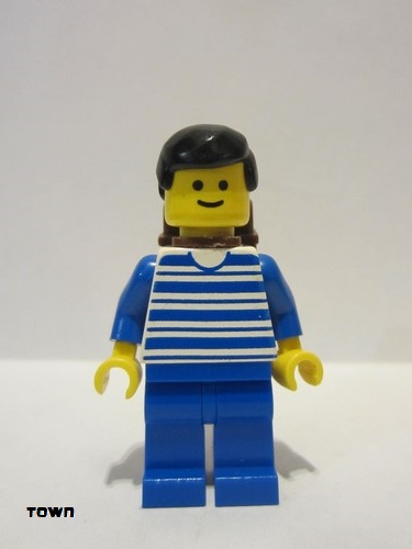 lego 1991 mini figurine trn038 Citizen Horizontal Lines Blue - Blue Arms - Blue Legs, Black Male Hair, Brown Backpack 