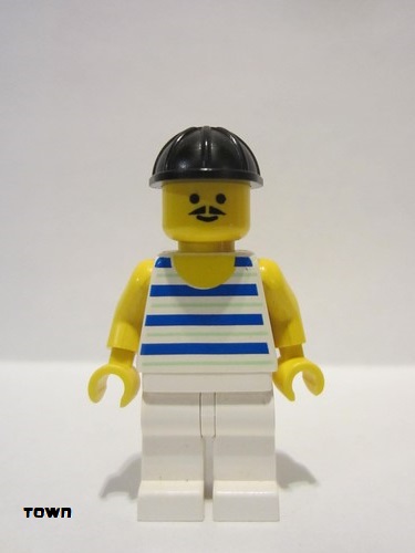 lego 1992 mini figurine par026 Citizen Horizontal Blue and Light Green Stripes, White Legs, Black Construction Helmet 