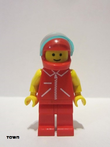 lego 1993 mini figurine jred012 Citizen Jacket Red with Zipper - Yellow Arms - Red Legs, Red Helmet, Trans-Light Blue Visor 
