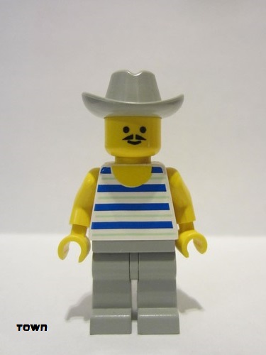 lego 1993 mini figurine par028 Citizen Horizontal Blue and Light Green Stripes, Light Gray Legs, Light Gray Cowboy Hat 