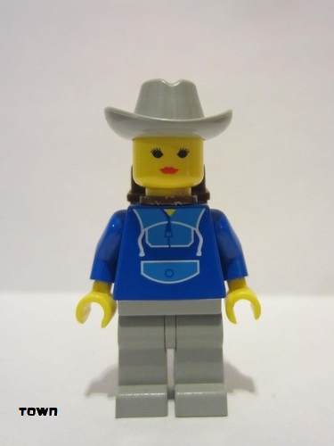 lego 1993 mini figurine par046 Citizen Jogging Suit, Light Gray Legs, Light Gray Cowboy Hat, Backpack 