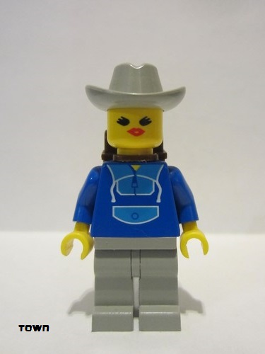 lego 1993 mini figurine par046a Citizen Jogging Suit, Light Gray Legs, Light Gray Cowboy Hat, Backpack, Open Mouth 