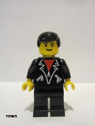 lego 1994 mini figurine lea001 Citizen Leather Jacket with Zippers - Black Legs, Black Male Hair, Eyebrows 