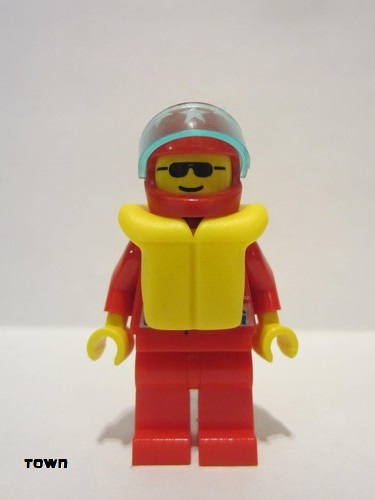 lego 1994 mini figurine oct036 Octan Racing, Red Legs, Red Helmet 7 White Stars, Trans-Light Blue Visor, Life Jacket 