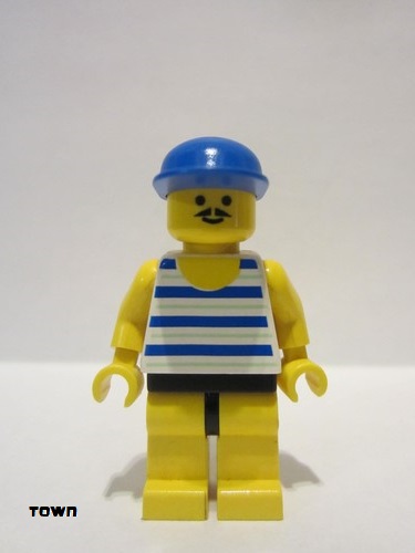 lego 1994 mini figurine par027 Citizen Horizontal Blue and Light Green Stripes, Yellow Legs, Blue Cap 