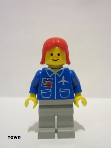 lego 1996 mini figurine air016 Airport Blue, Light Gray Legs, Red Female Hair 