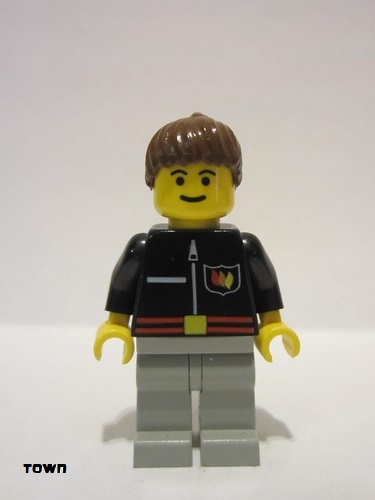 lego 1996 mini figurine firec012 Fire Flame Badge and Straight Line, Light Gray Legs, Brown Ponytail Hair 