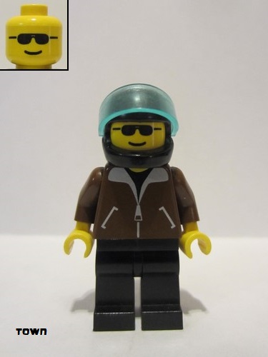 lego 1996 mini figurine jbr002 Citizen Jacket Brown - Black Legs, Black Helmet, Trans-Light Blue Visor 