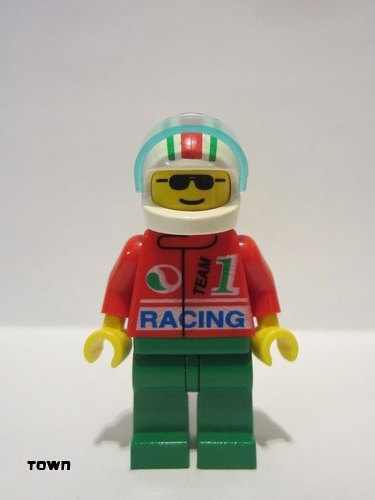 lego 1996 mini figurine oct033 Octan Racing, Green Legs, White Red/Green Striped Helmet, Trans-Light Blue Visor 