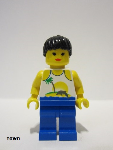 lego 1996 mini figurine par055 Citizen Island with Palm and Sun - Blue Legs, Black Ponytail Hair 
