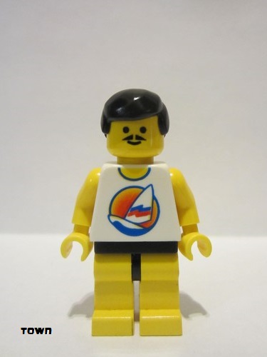 lego 1997 mini figurine par029 Surfboard on Ocean Yellow Legs, Black Male Hair, Moustache 