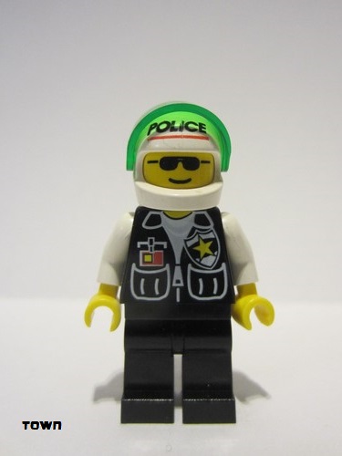 lego 1998 mini figurine cop036 Police Sheriff Star and 2 Pockets, Black Legs, White Arms, White Helmet with Police Pattern, Trans-Green Visor 