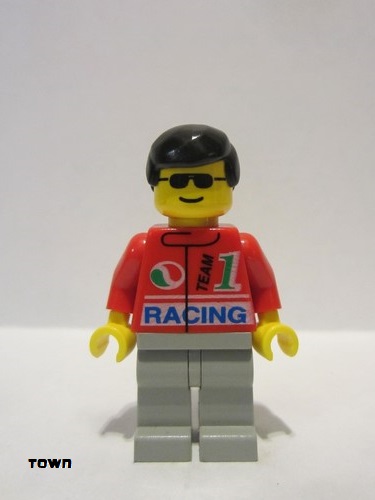 lego 1998 mini figurine oct035 Octan Racing, Light Gray Legs, Black Male Hair 