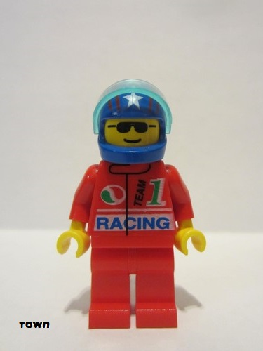 lego 1998 mini figurine oct039 Octan Racing, Red Legs, Blue Helmet 4 Stars & Stripes, Trans-Light Blue Visor 