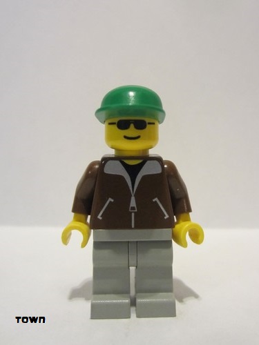 lego 1998 mini figurine trn107 Citizen Jacket Brown - Light Gray Legs, Green Cap, Black Sunglasses 