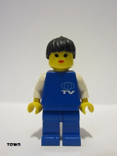 lego 1998 mini figurine tv002 Citizen TV Logo Small Pattern, Blue Legs, Black Ponytail Hair 