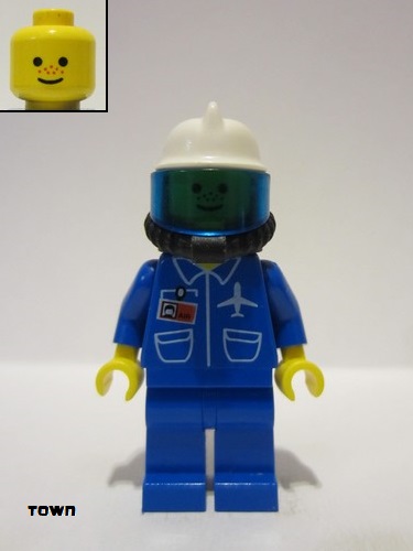 lego 1999 mini figurine air025 Airport Blue, Blue Legs, White Fire Helmet, Breathing Hose, White Airtanks, Nose Freckles 