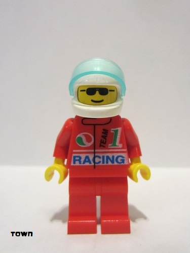 lego 1999 mini figurine oct040 Octan Racing, Red Legs, White Helmet, Trans-Light Blue Visor 