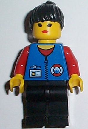 lego 1999 mini figurine res010 Coast Guard City Center Red Collar & Arms, Black Legs, Black Ponytail Hair 