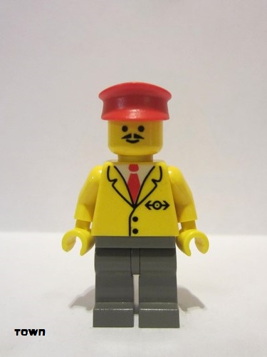 lego 1999 mini figurine trn061 Railway Employee 5 Dark Gray Legs, Red Hat 