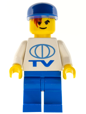lego 2002 mini figurine wc4457 Citizen TV Logo Large Pattern on Front, LEGO Soccer Logo on Back, Blue Legs, Blue Cap 