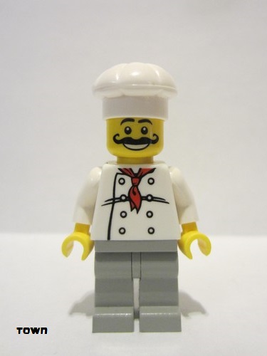 lego 2003 mini figurine chef010 Chef White Torso with 8 Buttons, Light Gray Legs, Long Curly Moustache 