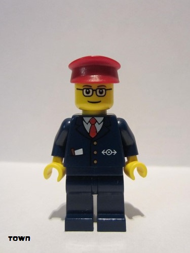 lego 2003 mini figurine trn115 Passenger Train Engineer Dark Blue Suit with Train Logo, Dark Blue Legs, Dark Red Hat, Rectangular Glasses 