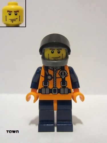 lego 2004 mini figurine wc017 Coast Guard World City Orange Torso with Straps, Dark Bluish Gray Helmet, Black Visor 