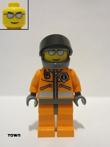lego 2004 mini figurine wc019a Coast Guard World City Orange Jacket with Zipper, Silver Sunglasses, Dark Bluish Gray Helmet, Dark Bluish Gray Hands 