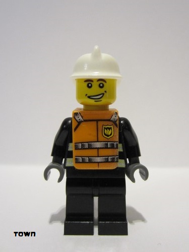 lego 2004 mini figurine wc024s Fire Reflective Stripes, Black Legs, White Fire Helmet, Smile, Orange Vest with Straps and Fire Logo and 'FIRE' Pattern (Stickers) 
