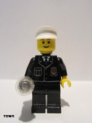 lego 2005 mini figurine cop045 Police City Suit with Blue Tie and Badge, Black Legs, White Hat - with Light-Up Flashlight 