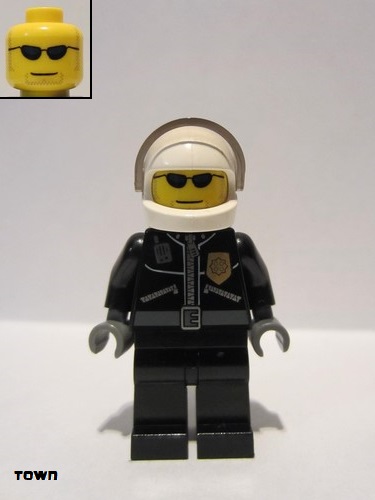 lego 2005 mini figurine cty0006 Police City Leather Jacket with Gold Badge, White Helmet, Trans-Black Visor, Black Sunglasses 